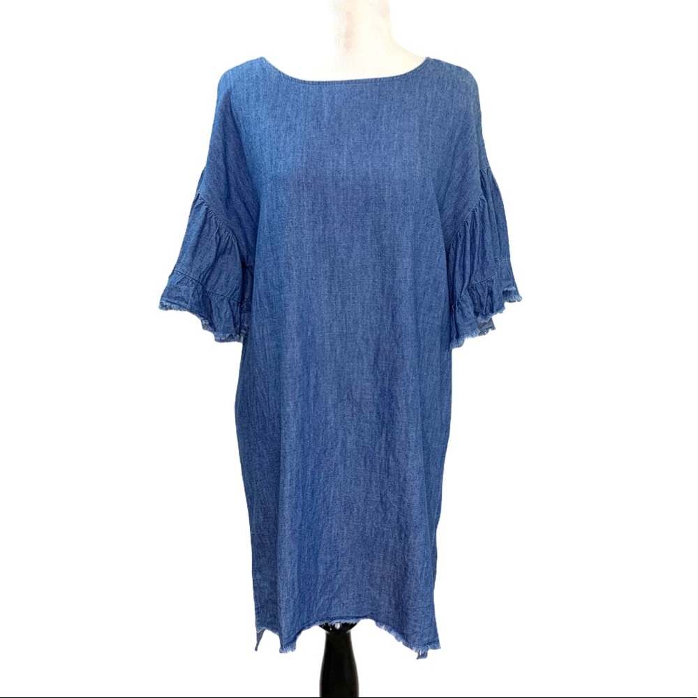Girl Krazy Chambray Ruffle Sleeve Shift Dress